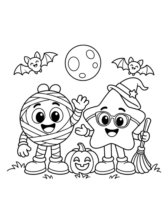 Coloring page: Milo and Nami under the moon with little bats, black outline on white